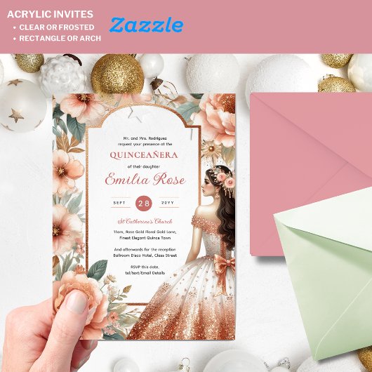 Cinnamon Rose Gold Quinceñera Kleidung Blumenzaube Acryleinladungen