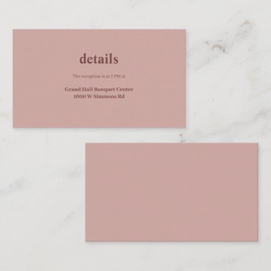 Cinnamon Rose Moderne Art Hochzeitsdetails Begleitkarte (Vorne/Hinten)