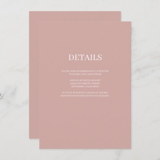 Cinnamon Rose Moderne Art Hochzeitsdetails Begleitkarte (Vorne/Hinten)