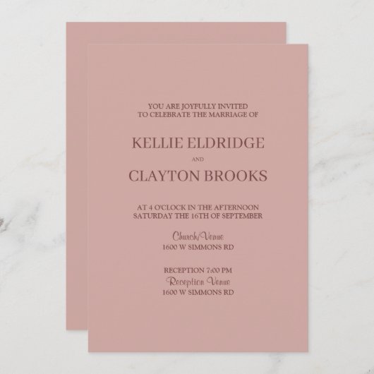 Cinnamon Rose Moderne Minimalistische Hochzeit Einladung (Vorne/Hinten)