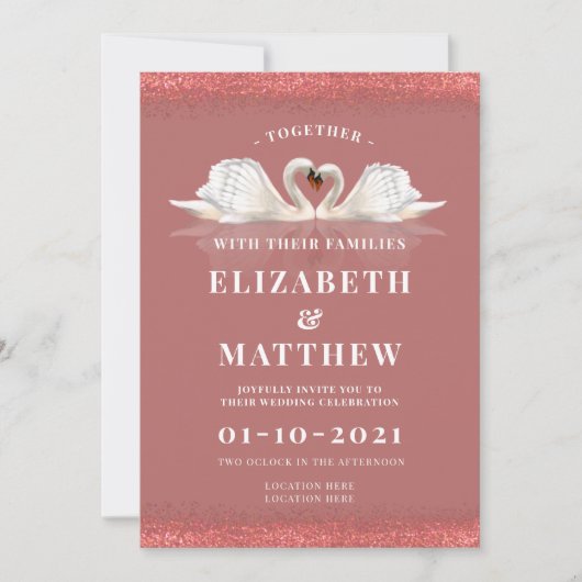 Cinnamon Rose Rosa Thema mit Swans Hochzeit Einladung (Vorderseite)