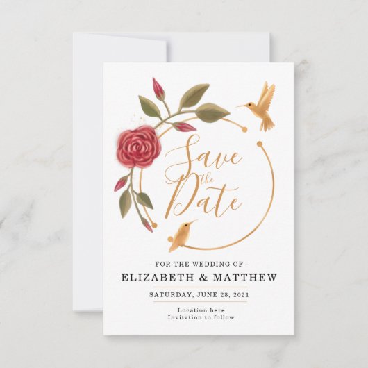 Cinnamon Rose Rosa und Gold auf Weiß Save The Date (Vorderseite)