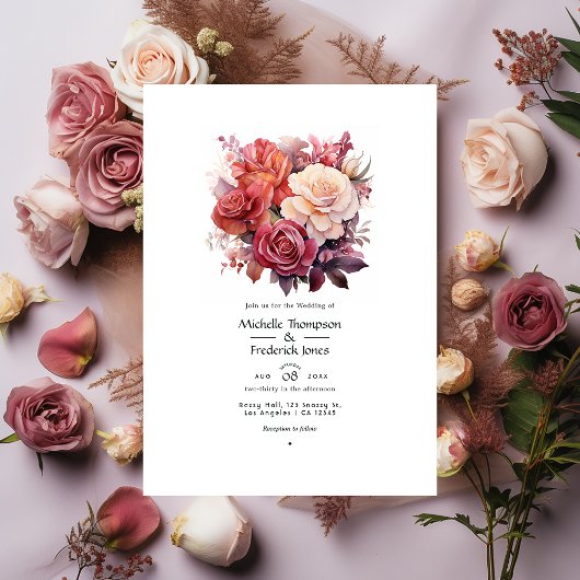 Cinnamon Rose und Dusty Rose Blumenhochzeit Einladung