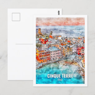 Cinque Terre Italien Berühmter Reiseort Wasserfarb Postkarte