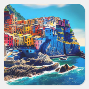 Cinque Terre, Italien - Ölmalerei Quadratischer Aufkleber