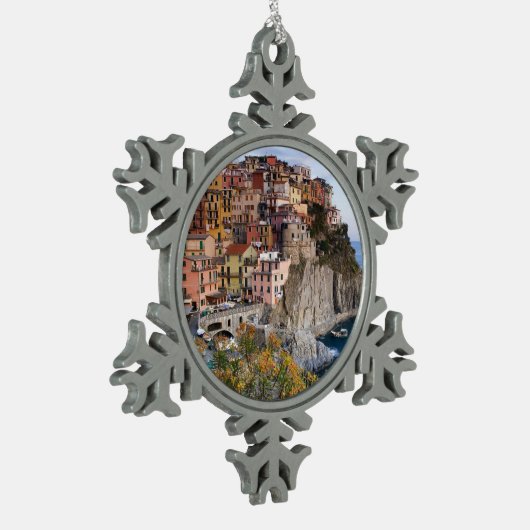 Cinque Terre, Italien Schneeflocken Zinn-Ornament (Links)