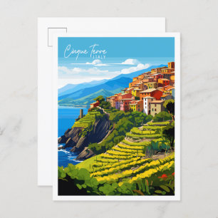 Cinque Terre Italy Vintage Illustration Postkarte