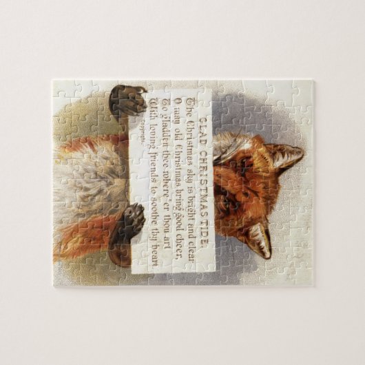 Circa 1900: Ein Fuchs hält ein Weihnachtsversum Puzzle (Horizontal)