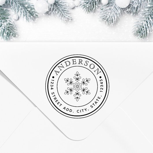 Circle Address of Christmas Snowflake Family Name Gummistempel