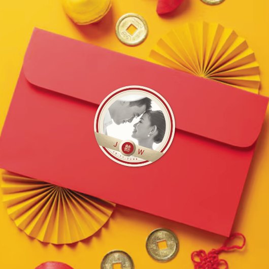 Circle Double Happiness Chic Chinese Wedding Foto Runder Aufkleber