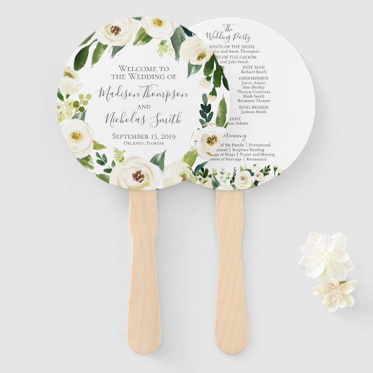 Circle Fan von White Blume and Green Wedding Progr Fächer (Vorne und Hinten)
