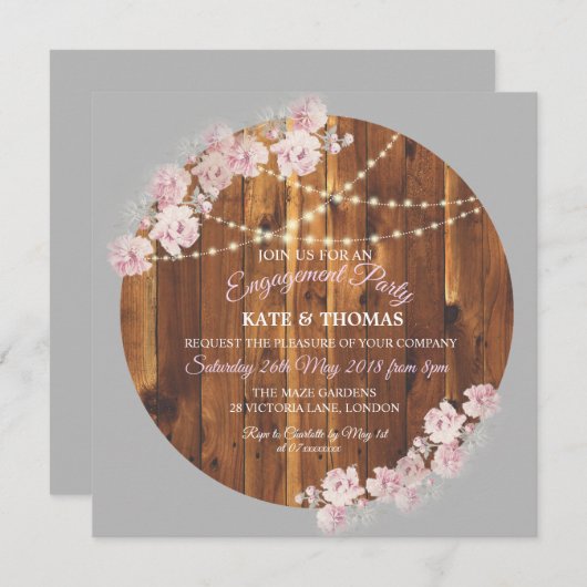 Circle Floral Light Strings Verlobung Card Holz Einladung (Vorne/Hinten)