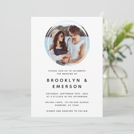 Circle Foto Minimalistisch QR Code Hochzeit Einladung (Stehend Vorderseite)