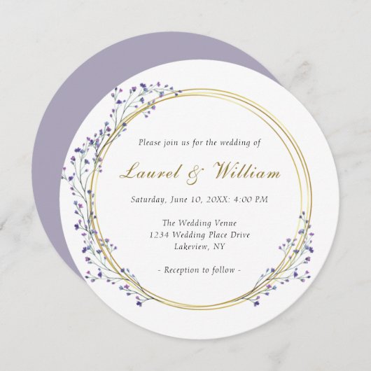 Circle Gold Lila Wreath Wedding Einladung (Vorne/Hinten)