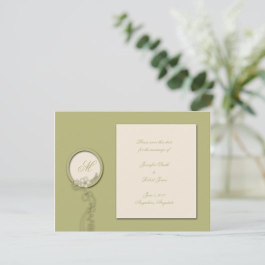 Circle Monogram in Green und Creme Save the Date (Stehend Vorderseite)