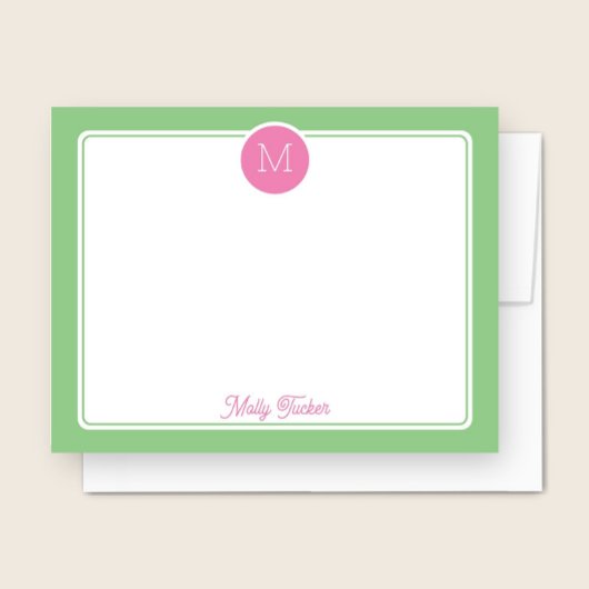 Circle Monogram Preppy Pink & Green Mitteilungskarte