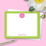 Circle Monogram Preppy Pink & Lime Green Mitteilungskarte<br><div class="desc">Dieses mädchenhafte Design verfügt über einen einfachen Rahmen mit einem Kreis oben, der einen Monogramm-Initial und einen Platz für einen Namen/Text am unteren Rand enthält. Klicken Sie auf die Schaltfläche Anpassen, wenn Sie die Designelemente anpassen und/oder den Text weiter verändern möchten! Variationen dieses Designs, zusätzliche Farben sowie koordinierende Produkte sind...</div>