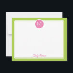 Circle Monogram Preppy Pink & Lime Green Mitteilungskarte<br><div class="desc">Dieses mädchenhafte Design verfügt über einen einfachen Rahmen mit einem Kreis oben, der einen Monogramm-Initial und einen Platz für einen Namen/Text am unteren Rand enthält. Klicken Sie auf die Schaltfläche Anpassen, wenn Sie die Designelemente anpassen und/oder den Text weiter verändern möchten! Variationen dieses Designs, zusätzliche Farben sowie koordinierende Produkte sind...</div>