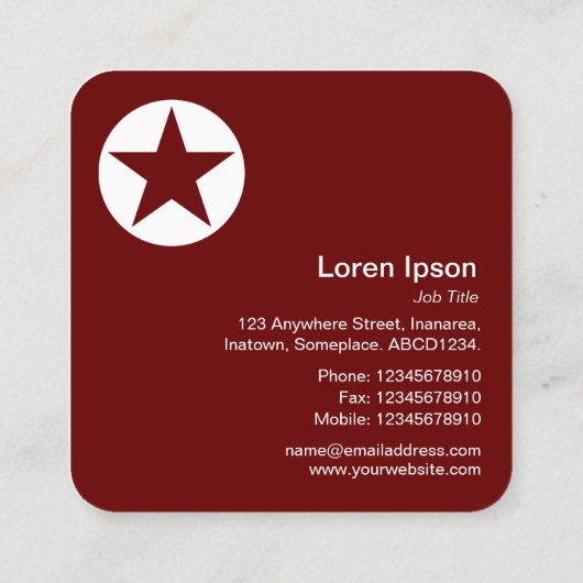 Circle Star - Weiß auf Dunkelrot braun Quadratische Visitenkarte (Rückseite)