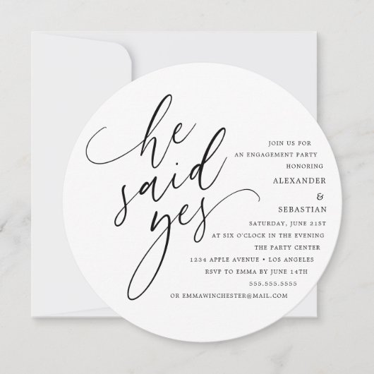 Circle White Script Er sagte Yes Engagement Party Einladung (Vorderseite)