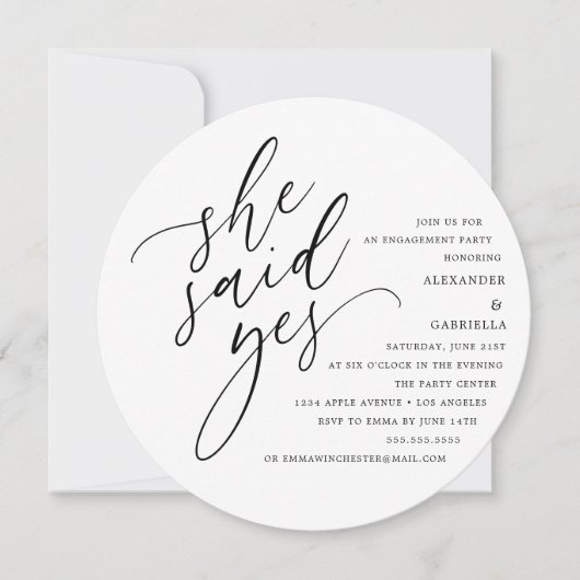 Circle White Script Sie sagte Yes Engagement Party Einladung (Vorderseite)
