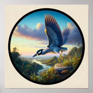 Circular 3D-Bild eines gelb gekrönten Nachtherons Poster