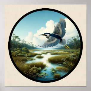 Circular 3D-Bild eines gelb gekrönten Nachtherons Poster