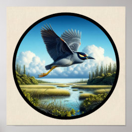 Circular 3D-Bild eines gelb gekrönten Nachtherons Poster