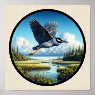 Circular 3D-Bild eines gelb gekrönten Nachtherons Poster