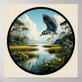 Circular 3D-Bild eines gelb gekrönten Nachtherons Poster