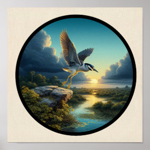 Circular 3D-Bild eines gelb gekrönten Nachtherons Poster