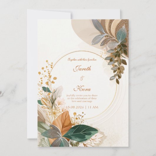 Circular Gold Forest Green Botanical Wedding Einladung (Vorderseite)