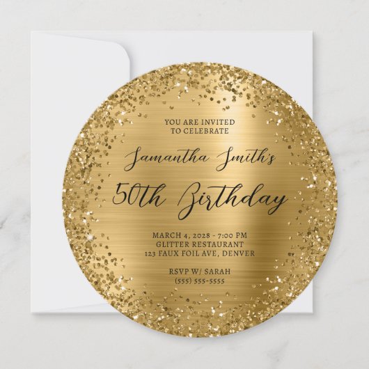 Circular Gold Glitzer Foil 50. Geburtstag Einladung (Vorderseite)