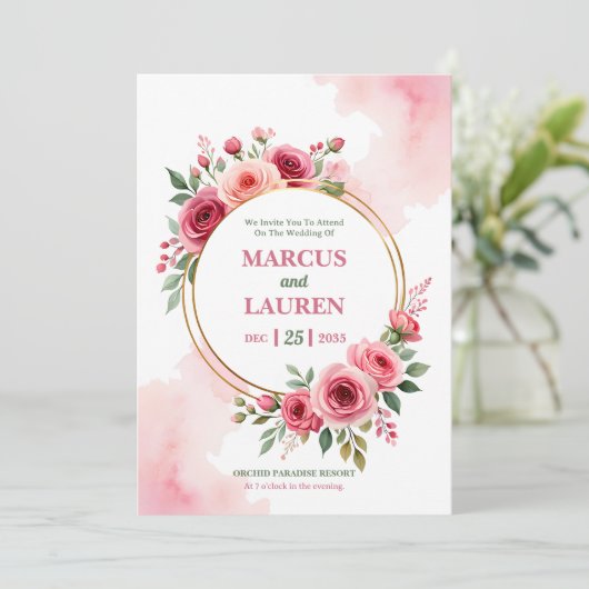 Circular Rose Frame Watercolor Wedding Invitation Einladung (Stehend Vorderseite)