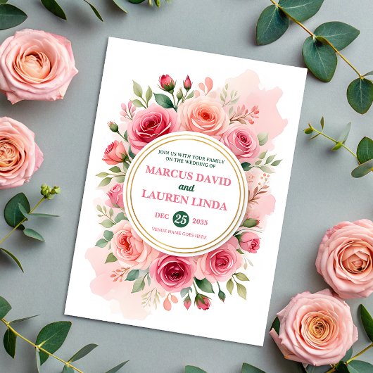 Circular Rose Frame Watercolor Wedding Invitation Einladung