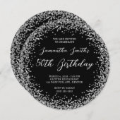 Circular Silver Glitzer Black 50. Geburtstag Einladung (Vorne/Hinten)