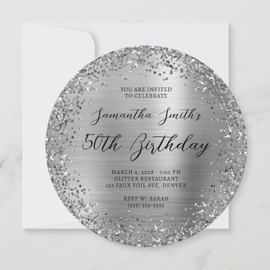Circular Silver Glitzer Foil 50. Geburtstag Einladung (Vorderseite)