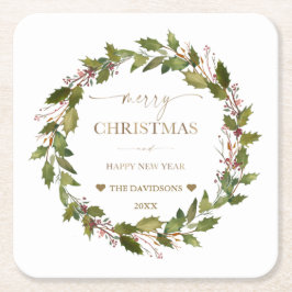 Circular Winter Berries Green Foliage Weihnachten Rechteckiger Pappuntersetzer