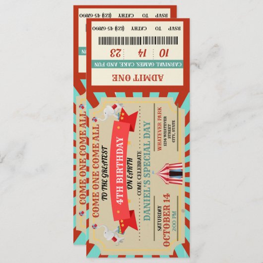 Circus Adventure Birthday Ticket (Vorne/Hinten)