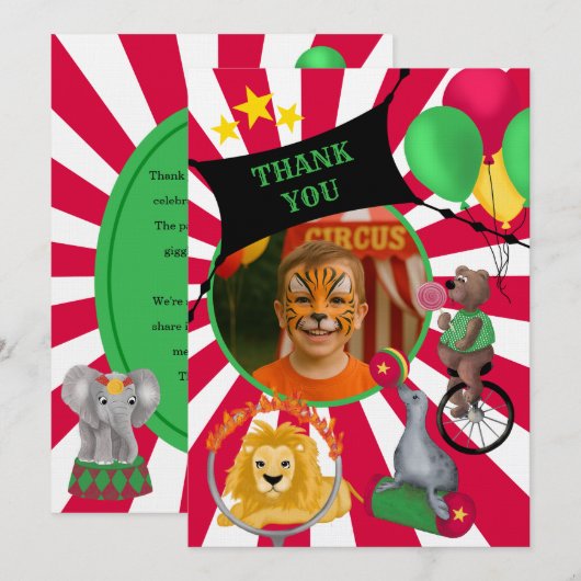 Circus Animals Kinder flach Dankeschön Karte (Vorne/Hinten)