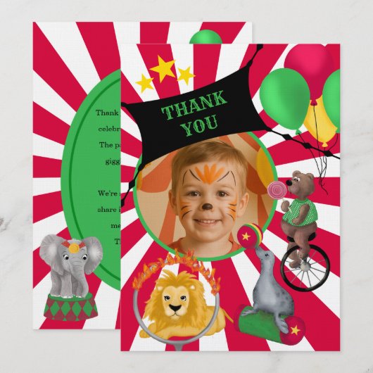 Circus Animals Kinder flach Dankeschön Karte (Vorne/Hinten)