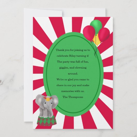 Circus Animals Kinder flach Dankeschön Karte (Rückseite)