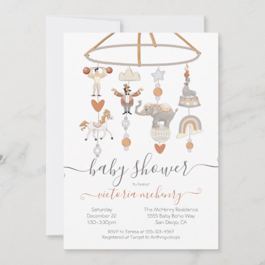 Circus Animals Mobile Baby Dusche Einladung (Vorderseite)