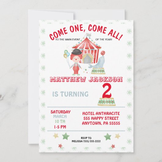 Circus Birthday Einladung, komm eins, komm alle! i Einladung (Vorderseite)