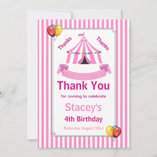 Circus Birthday Party Pink Dankeskarte (Vorderseite)