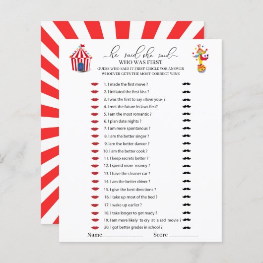 Circus Carnival Watercolor He said she said games (Vorne/Hinten)