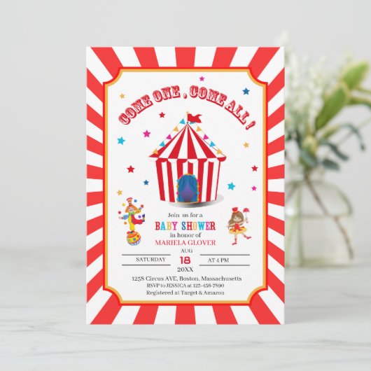 Circus Carnival Watercolor Kinderdusche Einladung (Stehend Vorderseite)