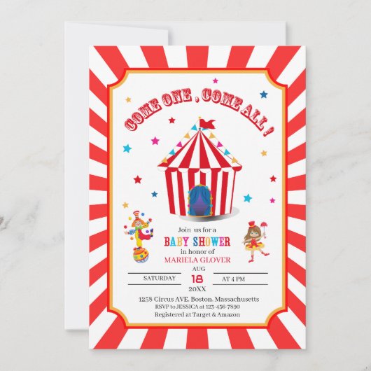 Circus Carnival Watercolor Kinderdusche Einladung (Vorderseite)