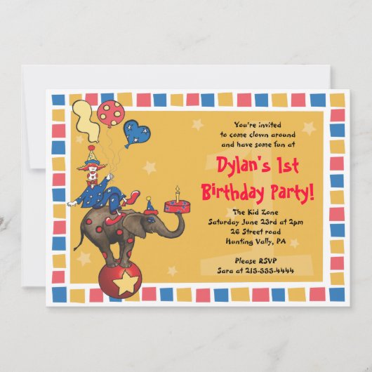 Circus Clown 1. Happy Birthday - Rabatt für Sari Einladung (Vorderseite)