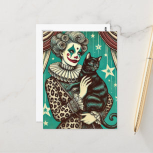 Circus Clown-Frau und eine schwarze Katze Postkarte